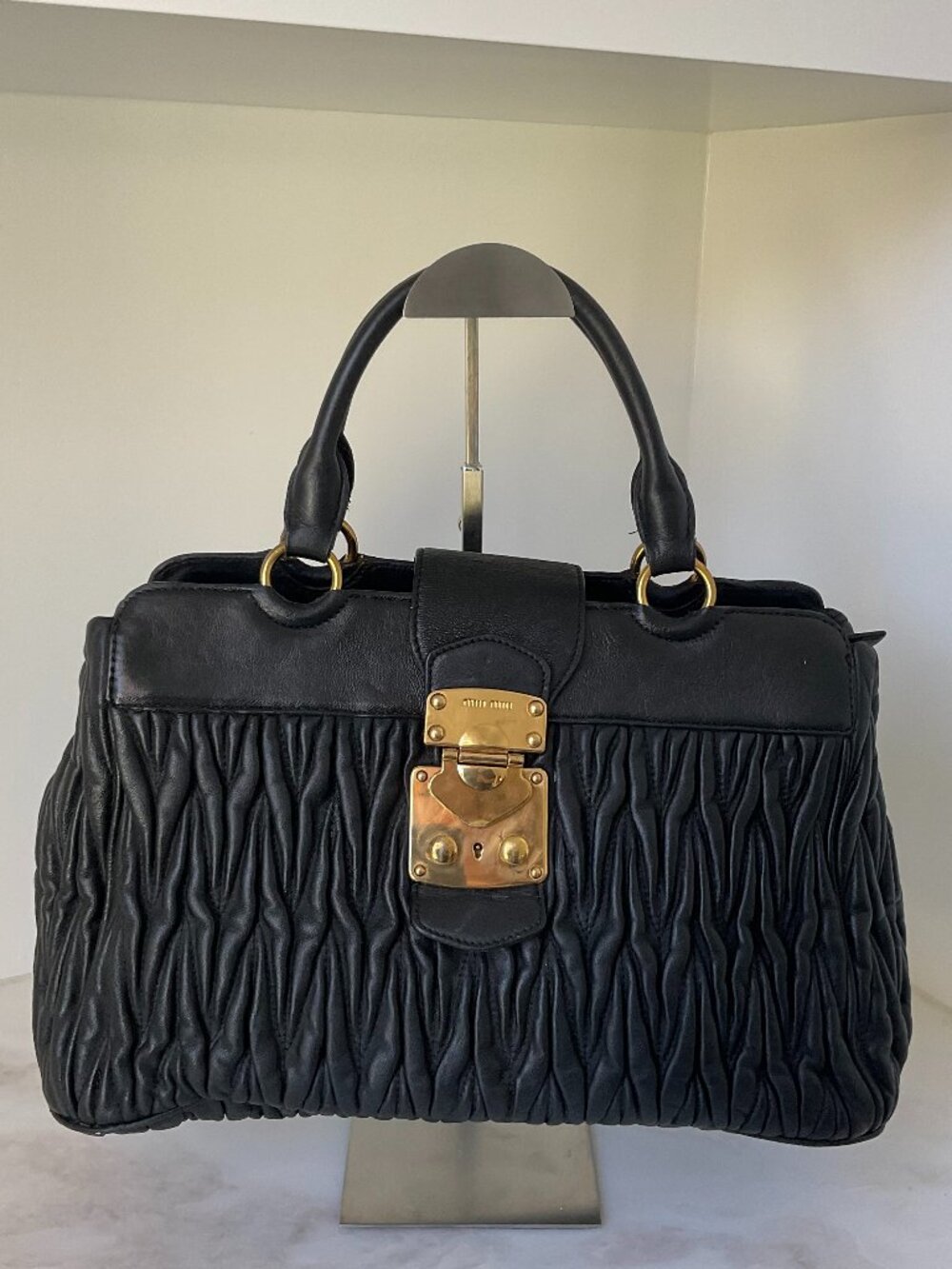 Vintage Miu Miu Black Coffer Bag with Matelasse Leather
